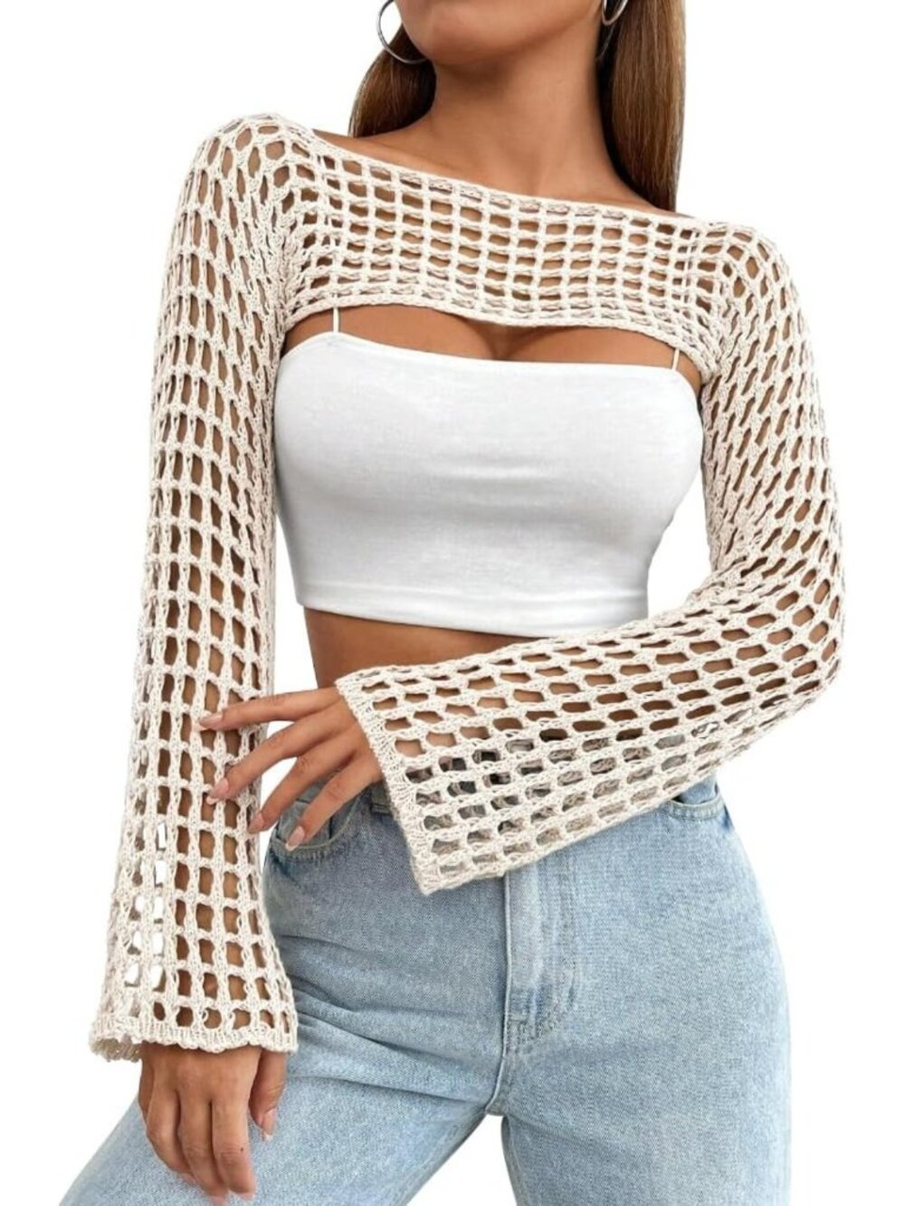 Chic Women's Crochet Bolero Shrug - Y2K See-Through Cropped Knit Sweater Top